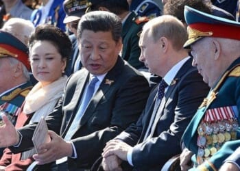 Chinese President Xi Jinping with Russian President Vladimir Putin during the Moscow Victory Day Parade May 9, 2015 (Wikimedia Commons)