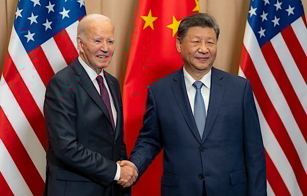 Joe Biden greets President Xi Jinping of China prior to a bilateral meeting, Saturday, Nov. 16, 2024, in Lima, Peru. (Official White House photo by Adam Schultz)