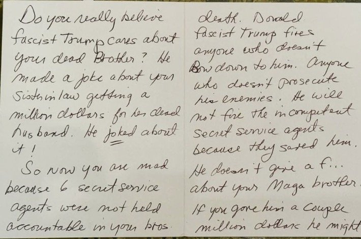 Handwritten note expressing frustration about political issues, including a critique of Donald Trump and comments on accountability among Secret Service agents.