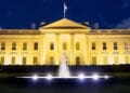 The White House is illuminated in gold light in recognition of Childhood Cancer Awareness Month, Thursday, Sept. 23, 2021. (Official White House photo by Erin Scott)