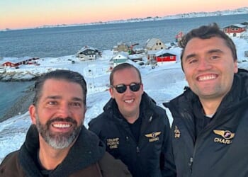 Donald Trump Jr., left, and Charlie Kirk, right, in Greenland on Tuesday, Jan. 7, 2025 (Courtesy Charlle Kirk)