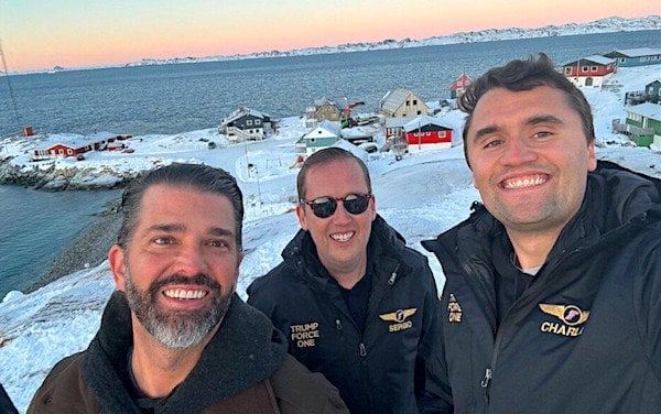 Donald Trump Jr., left, and Charlie Kirk, right, in Greenland on Tuesday, Jan. 7, 2025 (Courtesy Charlle Kirk)