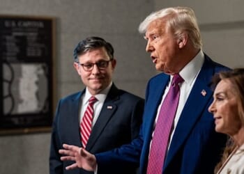 President Donald Trump and Speaker of the House Mike Johnson speak to members of the media at the U.S. Capitol in Washington, D.C., Tuesday, May 20, 2025, before meeting with the House GOP Conference about passing his budget bill. (Official White House photo by Molly Riley)