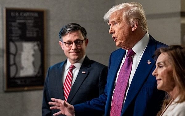 President Donald Trump and Speaker of the House Mike Johnson speak to members of the media at the U.S. Capitol in Washington, D.C., Tuesday, May 20, 2025, before meeting with the House GOP Conference about passing his budget bill. (Official White House photo by Molly Riley)