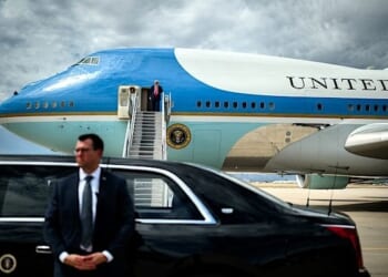President Donald Trump disembarks Air Force One at Luke Air Force Base in Glendale, Arizona, en route to the Memorial Service for Charlie Kirk at State Farm Stadium, Sunday, Sept. 21, 2025. (Official White House photo by Daniel Torok)