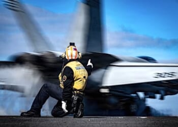A Navy F/A-18E Super Hornet launches from the USS Nimitz in the Pacific Ocean, Friday, Dec. 5, 2025. (U.S. Navy photo by Petty Officer 2nd Class Hannah Kantner)