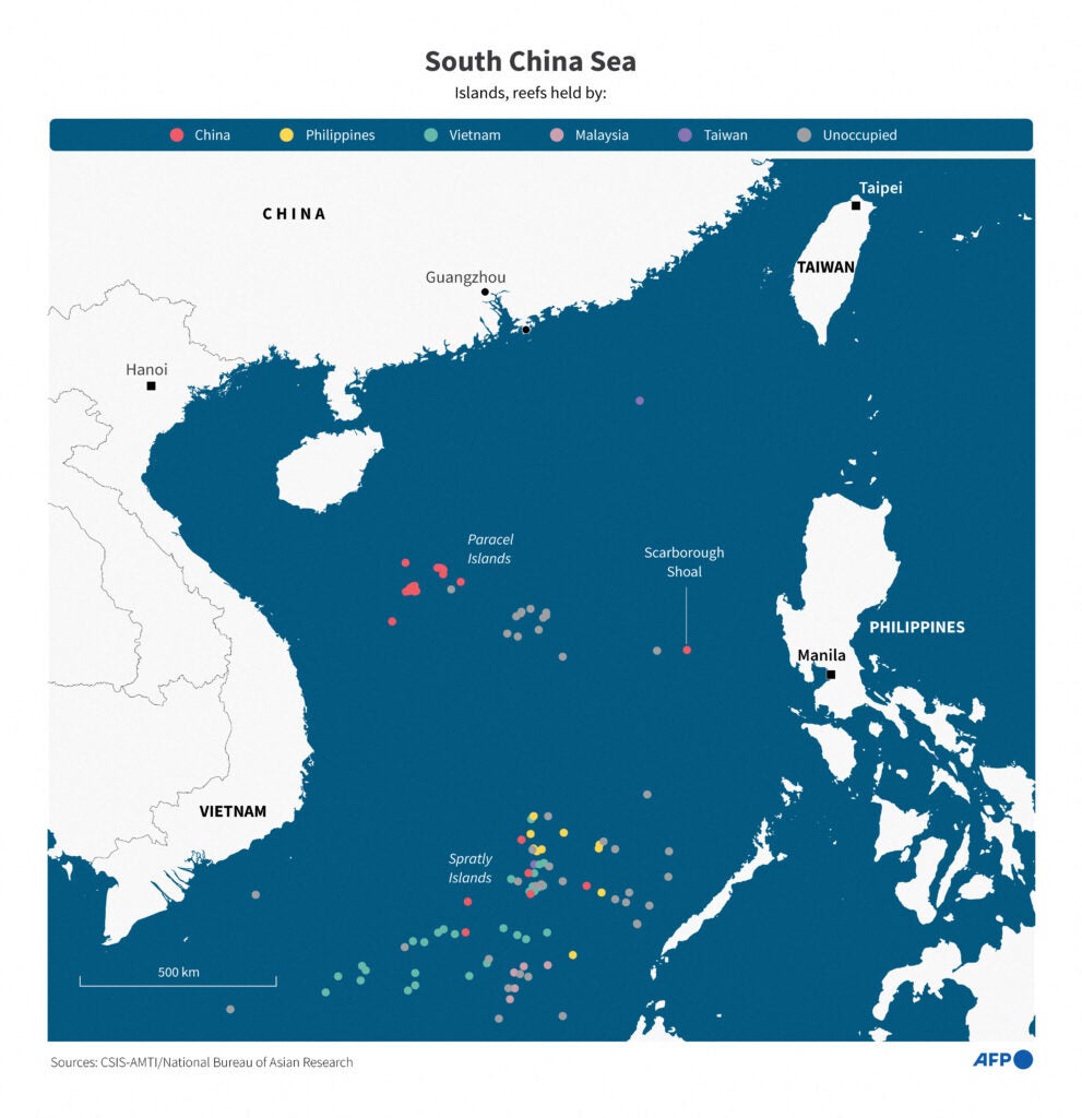 Map of the South China Sea pointing the location of the Scarborough Shoals.