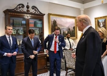 President Donald Trump and members of the U.S. delegation await the arrival of Hungarian Prime Minister Viktor Orban in the West Wing Lobby of the White House, Friday, Nov. 7, 2025. (Official White House Photo by Mollly Riley)