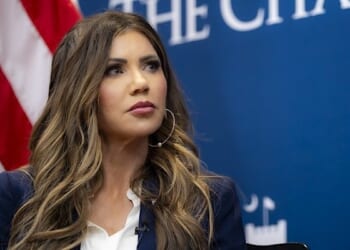 U.S. Secretary of Homeland Security Kristi Noem participates in a fireside chat with Jonathan Hoffman at the National Security Study School at The Citadel in Charleston, South Carolina, Friday, Nov. 7, 2025. (DHS photo by Tia Dufour)