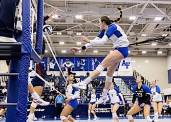 Air Force's Ashley Bible spikes the ball during a game against Fresno State University at the U.S. Air Force Academy, Colorado Springs, Colorado, Thursday, Oct. 17, 2024. (U.S. Air Force photo by Trevor Cokley)