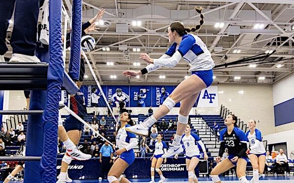 Air Force's Ashley Bible spikes the ball during a game against Fresno State University at the U.S. Air Force Academy, Colorado Springs, Colorado, Thursday, Oct. 17, 2024. (U.S. Air Force photo by Trevor Cokley)