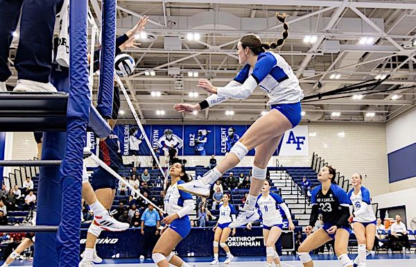 Air Force's Ashley Bible spikes the ball during a game against Fresno State University at the U.S. Air Force Academy, Colorado Springs, Colorado, Thursday, Oct. 17, 2024. (U.S. Air Force photo by Trevor Cokley)