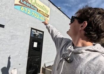 Journalist Nick Shirley points out a glaring spelling error at a purported Minneapolls daycare center (Courtesy NicjkShirley)