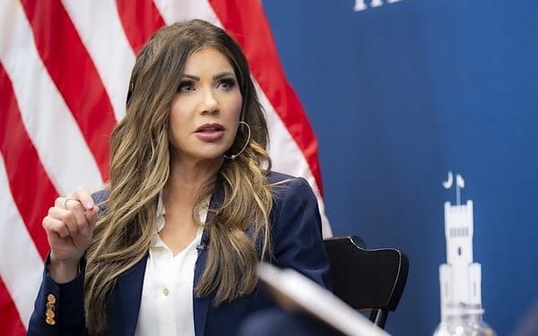 U.S. Secretary of Homeland Security Kristi Noem participates in a fireside chat with Jonathan Hoffman at the National Security Study School at The Citadel in Charleston, South Carolina, Friday, Nov. 7, 2025. (DHS photo by Tia Dufour)