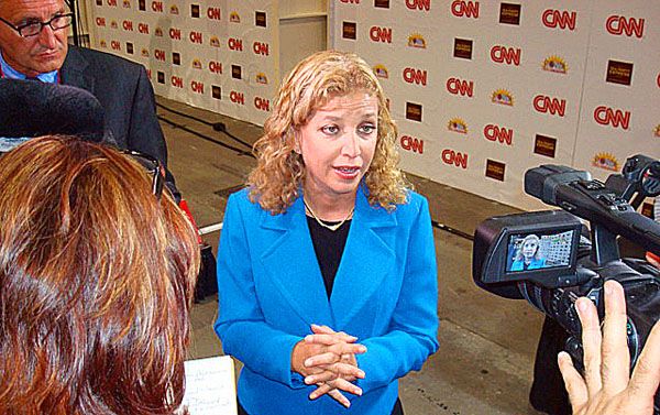 DNC Chairwoman Debbie Wasserman Schultz in the spin room of the 2012 CNN/Tea Party Debate in Tampa, Florida. (Photo by Joe Kovacs)