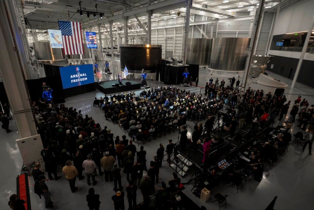War Secretary Pete Hegseth speaks at the SpaceX factory in Texas. (Department of War)