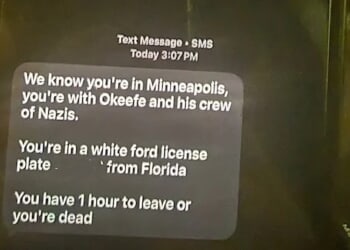 A text message threatens the life of James O'Keefe covering anti-ICE protests in Minneapolis on Saturday, Jan. 24, 2026 (Courtesy James O'Keefe)