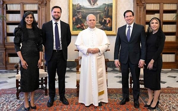 U.S. Secretary of State Marco Rubio, with his wife Jeanette Rubio (right), and Vice President JD Vance, with his wife Usha Vance, meet with Pope Leo XIV in the Holy See in Vatican City, Vatican, May 19, 2025 (Simone Rosoluti/Vatican Media)