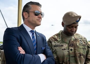 U.S. Defense Secretary Pete Hegseth, left, observes a military demonstration at Fort Bragg, North Carolina, on Tuesday, June 10, 2025, during a visit to commemorate the 250th anniversary of the U.S. Army. (Official White House photo by Daniel Torok)