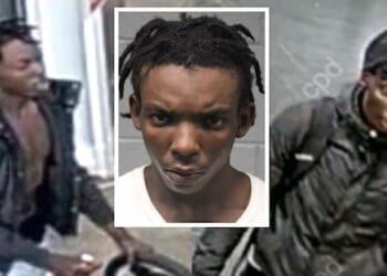 Devon Jones, inset, and surveillance images of the robbery suspect. (Chicago Police Department)