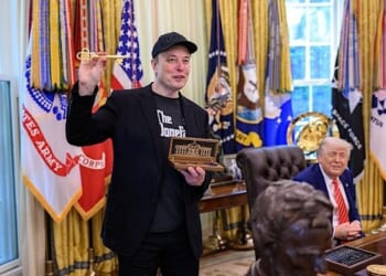 President Donald Trump participates in a news conference with departing DOGE adviser Elon Musk, Friday, May 30, 2025, in the Oval Office. (Official White House photo by Molly Riley)
