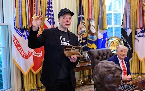 President Donald Trump participates in a news conference with departing DOGE adviser Elon Musk, Friday, May 30, 2025, in the Oval Office. (Official White House photo by Molly Riley)