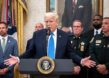President Donald Trump gives remarks after presenting the newly-created 'Medal of Sacrifice' to three fallen officers' families from the Palm Beach County Sheriff's Office, Monday, May 19, 2025, in the Oval Office. (Official White House photo by Joyce N. Boghosian)