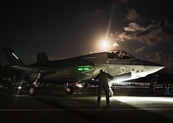A Marine Corps pilot captain guides in an F-35B Lightning II following military actions in Venezuela in support of Operation Absolute Resolve, Saturday, Jan. 3, 2026. (U.S. Air Force photo)