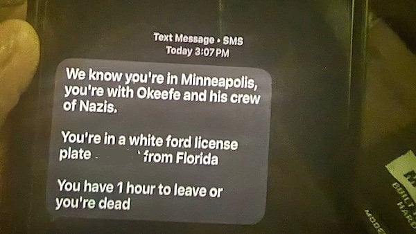 A text message threatens the life of James O'Keefe covering anti-ICE protests in Minneapolis on Saturday, Jan. 24, 2026 (Courtesy James O'Keefe)