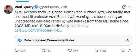 Tweet discussing US Capitol Police Captain Michael Byrd and his unaccredited daycare center, highlighting financial details and controversies surrounding his actions.