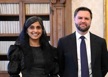 Vice President JD Vance, with his wife Usha Vance, meet with Pope Leo XIV in the Holy See in Vatican City, Vatican, May 19, 2025 (Simone Rosoluti/Vatican Media)