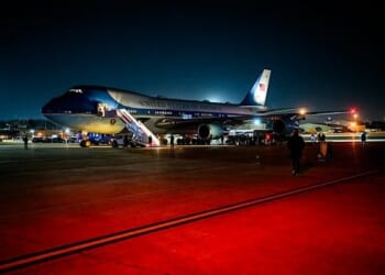 President Donald Trump disembarks Air Force One at Joint Base Andrews to board a backup plane to Davos, Switzerland, after Air Force One experienced electrical issues, Tuesday, Jan. 20, 2026. (Official White House Photo by Daniel Torok)