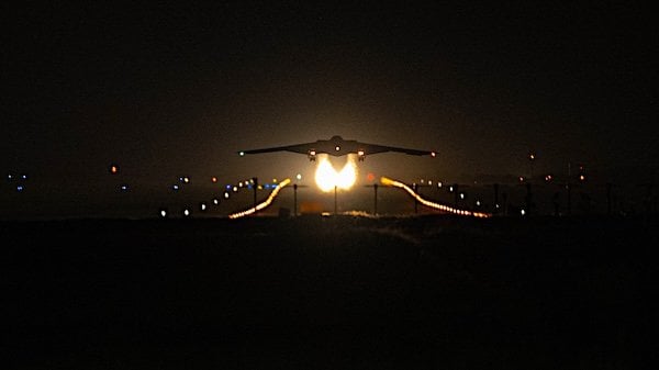 A B-2 Spirit takes off from Whiteman Air Force Base, Missouri, in support of Operation Midnight Hammer, June 21, 2025. Midnight Hammer was a deeply coordinated strike combining air and naval firepower to target Iran's underground nuclear sites. (U.S. Air Force photo)