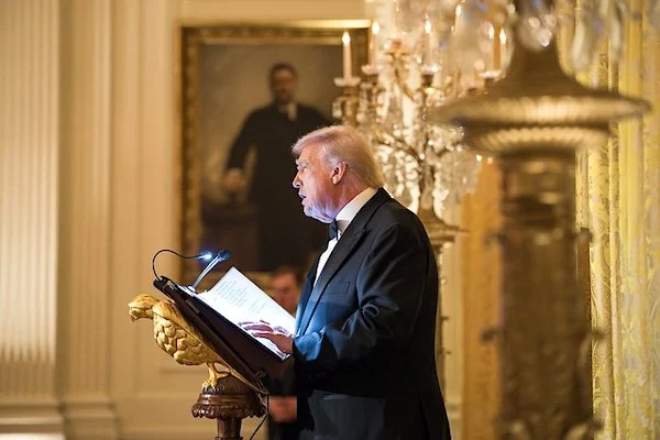 President Donald Trump delivers remarks at a dinner for Crown Prince and Prime Minister Mohammed bin Salman Al Saud of Saudi Arabia, Tuesday, Nov. 18, 2025, in the East Room of the White House. (Official White House photo by Andrea Hanks)