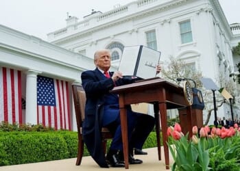 President Donald Trump signs new tariffs in the White House Rose Garden on Liberation Day, Wednesday, April 2, 2025 (Official White House photo)