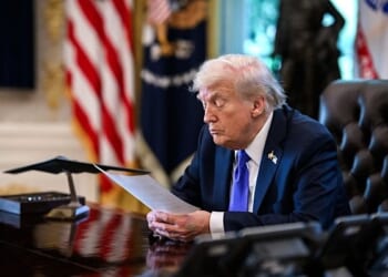 President Donald Trump receives an update from Secretary of State Marco Rubio on the U.S. peace plan for Gaza in the Oval Office, Friday, Oct. 3, 2025. (Official White House photo by Molly Riley)