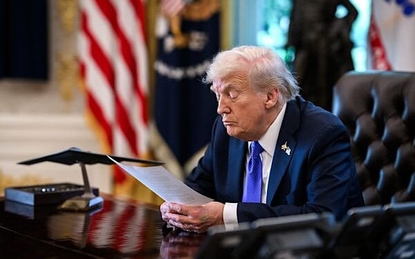 President Donald Trump receives an update from Secretary of State Marco Rubio on the U.S. peace plan for Gaza in the Oval Office, Friday, Oct. 3, 2025. (Official White House photo by Molly Riley)