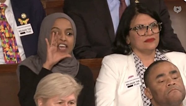 U.S. Reps. Ilhan Omar, D-Minn. and Rashida Tlaib, D-Mich., at President Donald Trump's State of the Union address on Tuesday, Feb. 24, 2026 (Video screenshot)