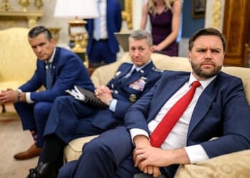 Secretary of Defense Pete Hegseth, Chairman of the Joint Chiefs of Staff Dan Caine, and Vice President JD Vance look on as European leaders meet with President Donald Trump after his call with Russian President Vladimir Putin, Monday, Aug. 18, 2025, in the Oval Office. (Official White House photo by Daniel Torok)