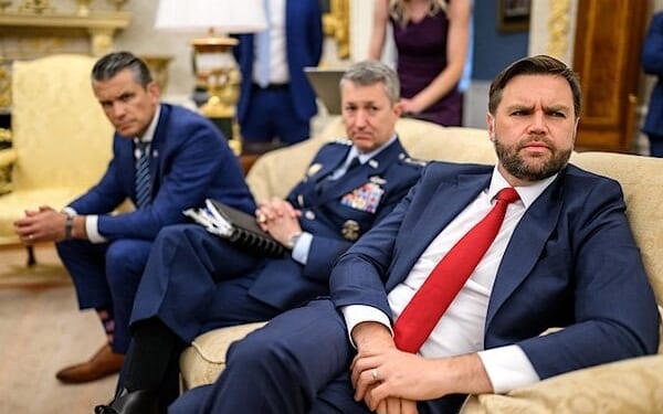 Secretary of Defense Pete Hegseth, Chairman of the Joint Chiefs of Staff Dan Caine, and Vice President JD Vance look on as European leaders meet with President Donald Trump after his call with Russian President Vladimir Putin, Monday, Aug. 18, 2025, in the Oval Office. (Official White House photo by Daniel Torok)