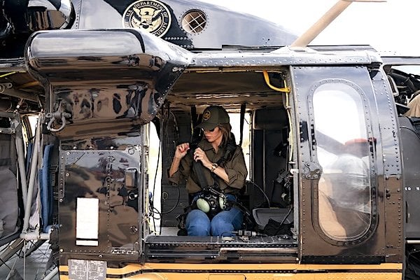 Department of Homeland Security (DHS) Secretary Kristi Noem receives a border aerial tour with U.S. Customs and Border Protection Air and Marine Operations from Santa Teresa, New Mexico, to the eastern edge of El Paso, Texas, Aug. 19, 2025. (DHS photo by Tia Dufour)