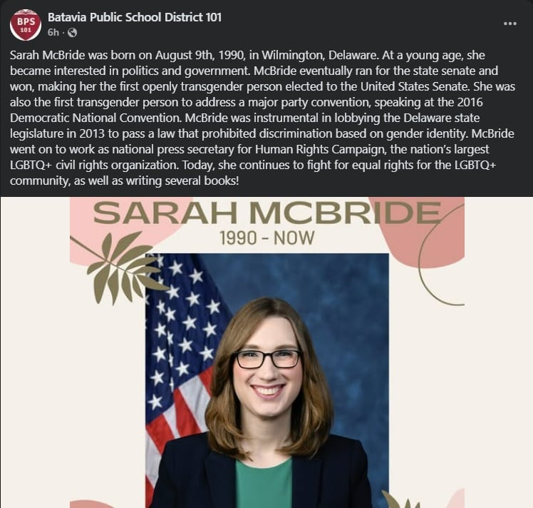 Screenshot of Facebook Ppost honoring Demcoratic Rep. Sarah McBride of Delaware.