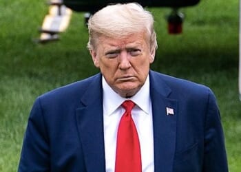 President Donald J. Trump disembarks Marine One Sunday, May 17, 2020, on the South Lawn of the White House, returning from his working weekend at Camp David near Thurmont, Maryland. (Official White House photo by Tia Dufour)