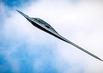 An Air Force B-2 Spirit stealth aircraft flies during an airshow over Rosecrans Memorial Airport in St. Joseph, Missouri, May 2, 2021. (U.S. Air National Guard photo by Tech. Sgt. Patrick Evenson)