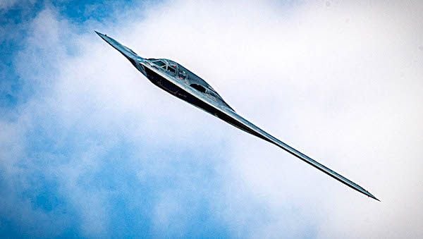 An Air Force B-2 Spirit stealth aircraft flies during an airshow over Rosecrans Memorial Airport in St. Joseph, Missouri, May 2, 2021. (U.S. Air National Guard photo by Tech. Sgt. Patrick Evenson)