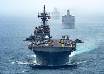 The USS Boxer, the USNS Tippecanoe and the USS John P. Murtha transit the Strait of Hormuz, Aug. 12, 2019. (U.S. Navy photo by Petty Officer 2nd Class David L Ortiz)