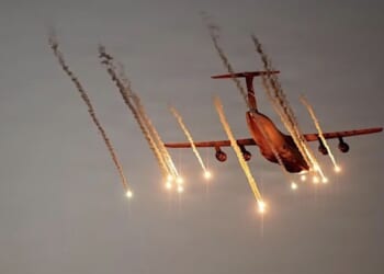 A C-5M Super Galaxy assigned to the 436th Airlift Wing at Dover, Delaware, conducts flare-testing operations to evaluate enhanced survivability systems at Eglin Air Force Base, Florida, Feb. 12, 2026. (U.S. Air Force photo by Master Sgt. J.D. Strong II)