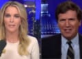 On Tuesday’s edition of “The Megyn Kelly Show,” host Megyn Kelly, left, weighed in on the latest Tucker Carlson, right, video leak, defending the former Fox News anchor.