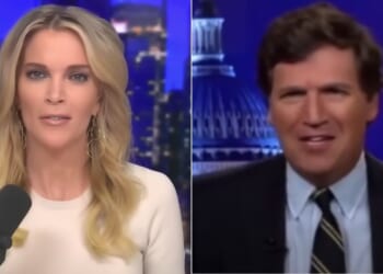 On Tuesday’s edition of “The Megyn Kelly Show,” host Megyn Kelly, left, weighed in on the latest Tucker Carlson, right, video leak, defending the former Fox News anchor.