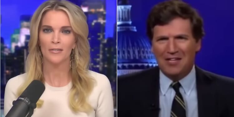 On Tuesday’s edition of “The Megyn Kelly Show,” host Megyn Kelly, left, weighed in on the latest Tucker Carlson, right, video leak, defending the former Fox News anchor.